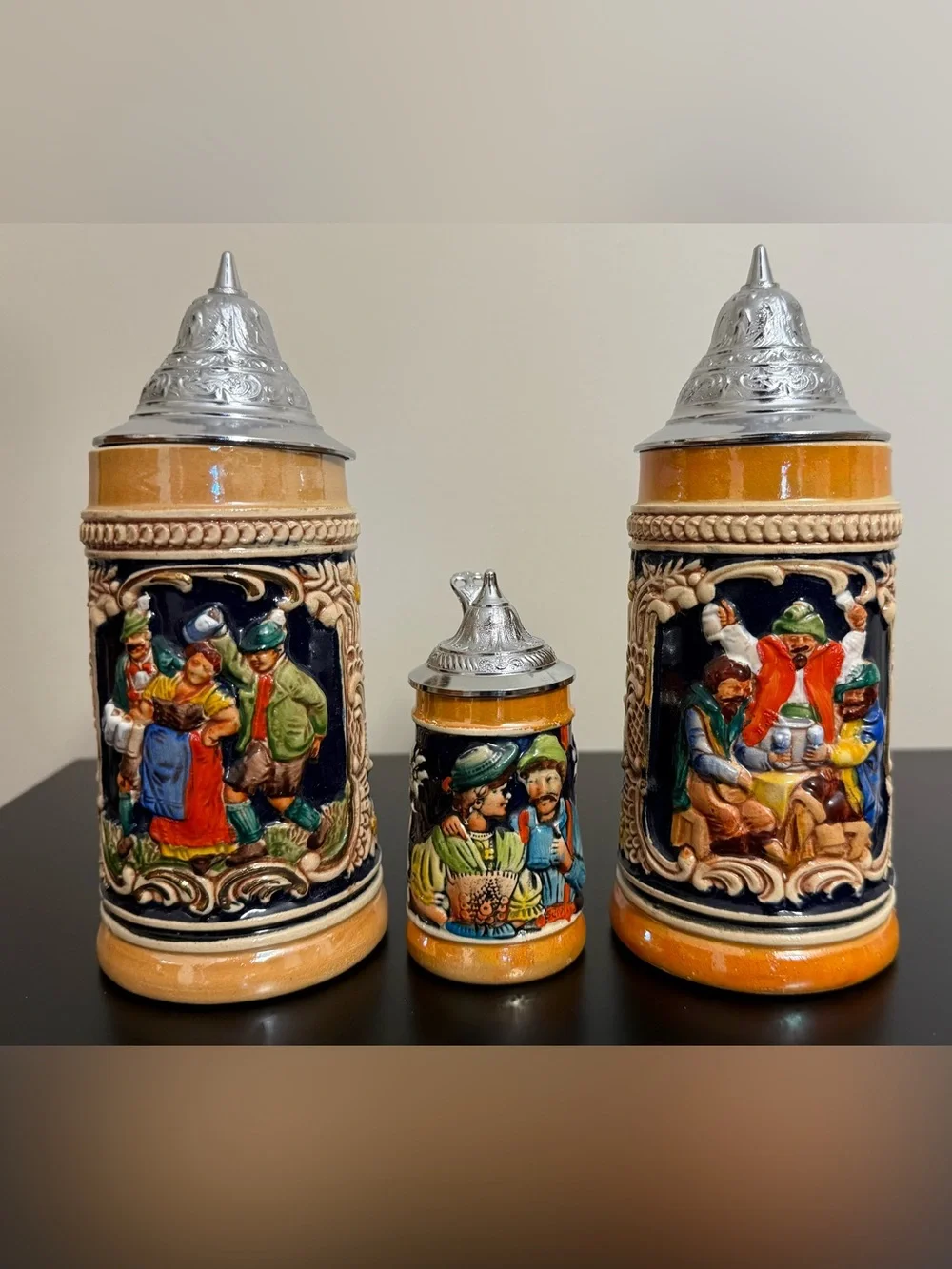 Set of 3 Vintage Small Mini Gerz? Beer Steins West Germany 4” 7” with Lids